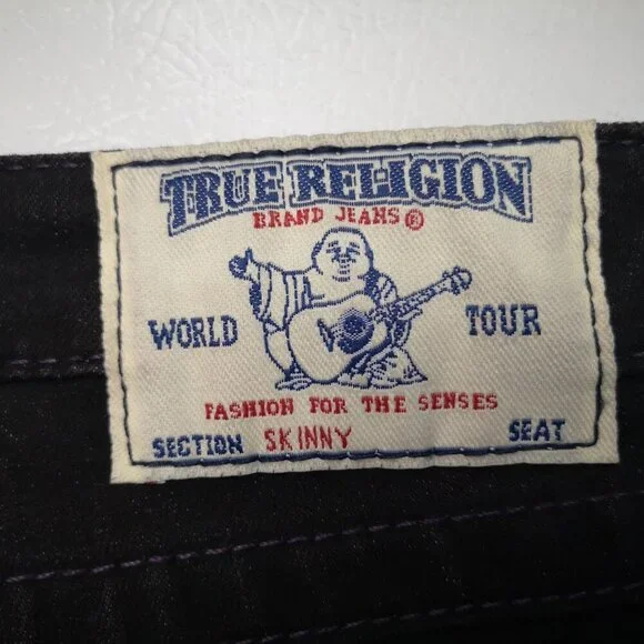 True Religion Ladies Size 31 Black World Tour Skinny Jeans w/ Purple Stitching - Picture 4 of 13
